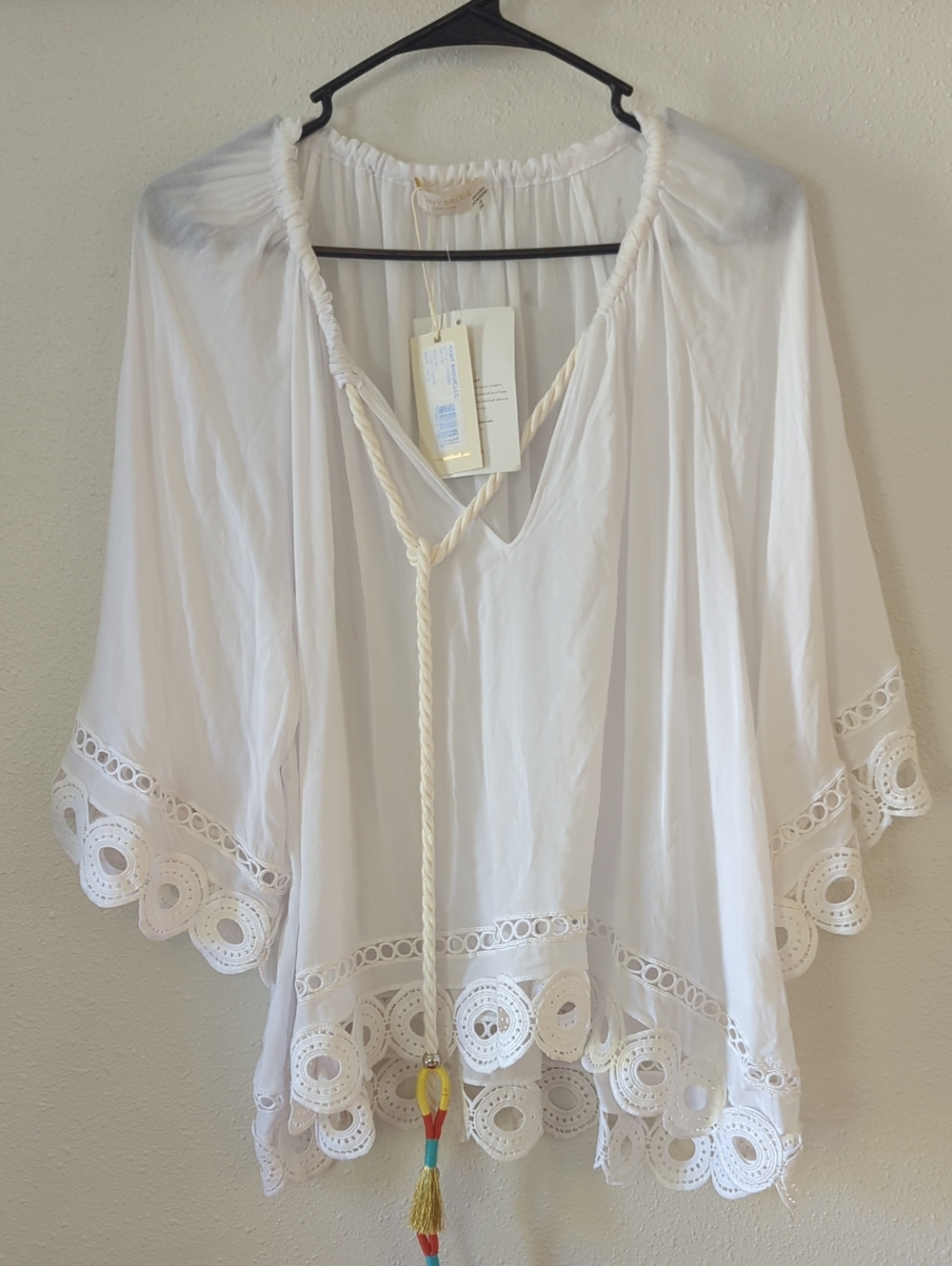 Ramy Brook White Dimitri M/L Crochet-Trim Beach Cover-Up with Tassel Tie NWT